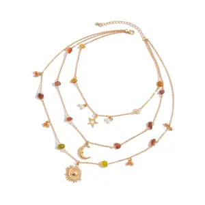 Bohemian Style Multilayer Necklace With Sun Moon Star Pendants for Daily