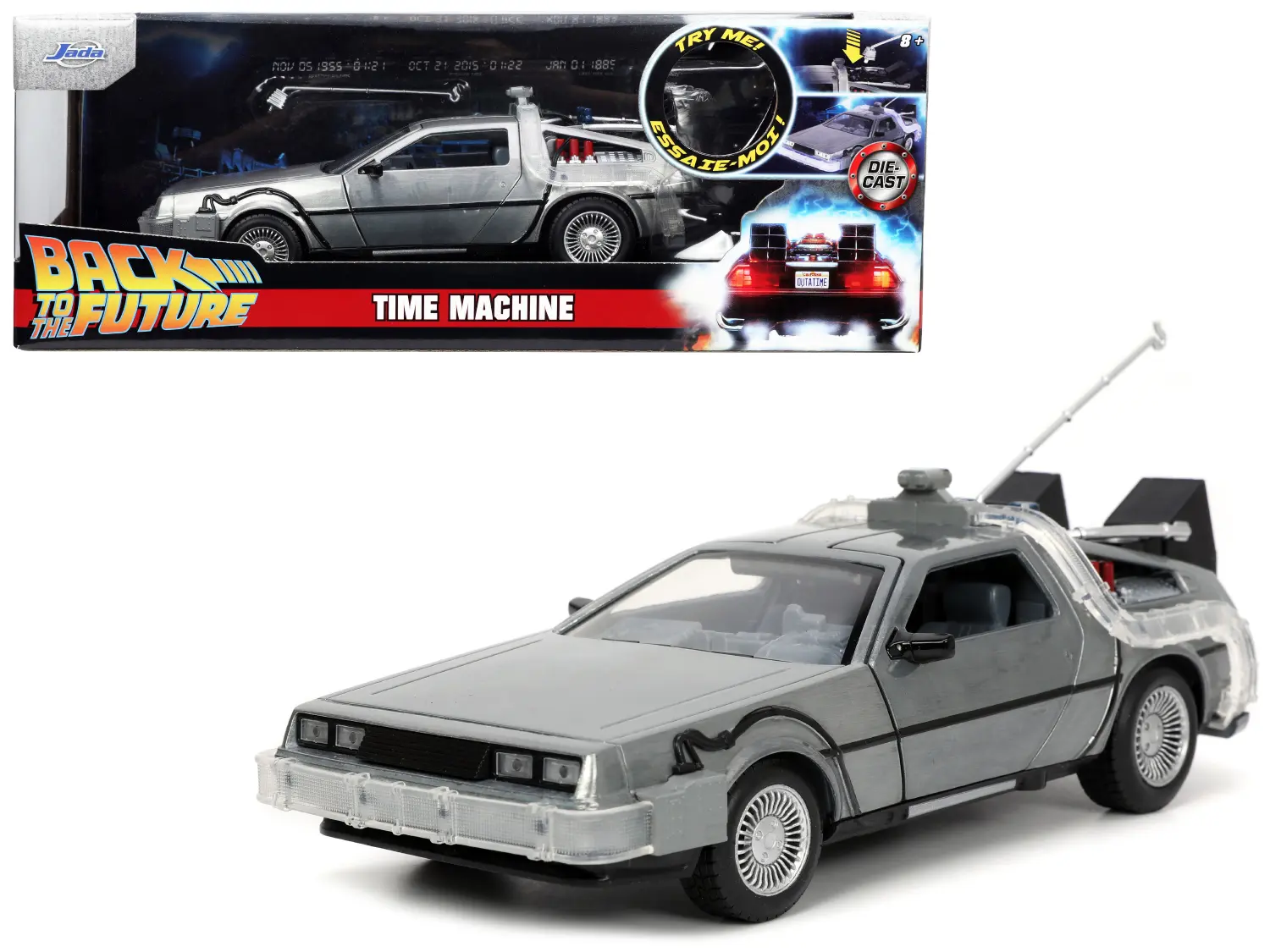 DeLorean Brushed Metal Time Machine w/ Lights "Back to the Future" (1985) Movie "Hollywood Rides" 1/24 Diecast Model Car by Jada