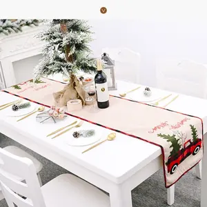 Clearance Christmas Table Runner, Merry Christmas Embroidered Holiday Table Decor, Truck and Christmas Tree Design, Festive Table Setting
