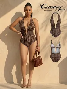 Curvvvy Swim 2026 Women’s Chic Deep V Neck Printed Greek Key Spliced One Piece Swimsuit With Open Back And Halter Neckline, Elegant Slimming Vacation Beachwear for women