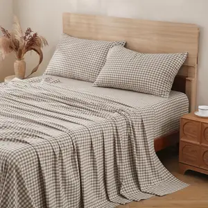 Tan Gingham Sheets Bedding Set  Washed  Like Linen Feel Breathable Soft Comfy 4- Brown Plaid Checkered Bed Sheet Set with 17" Deep Pocket Cute Aesthetic,