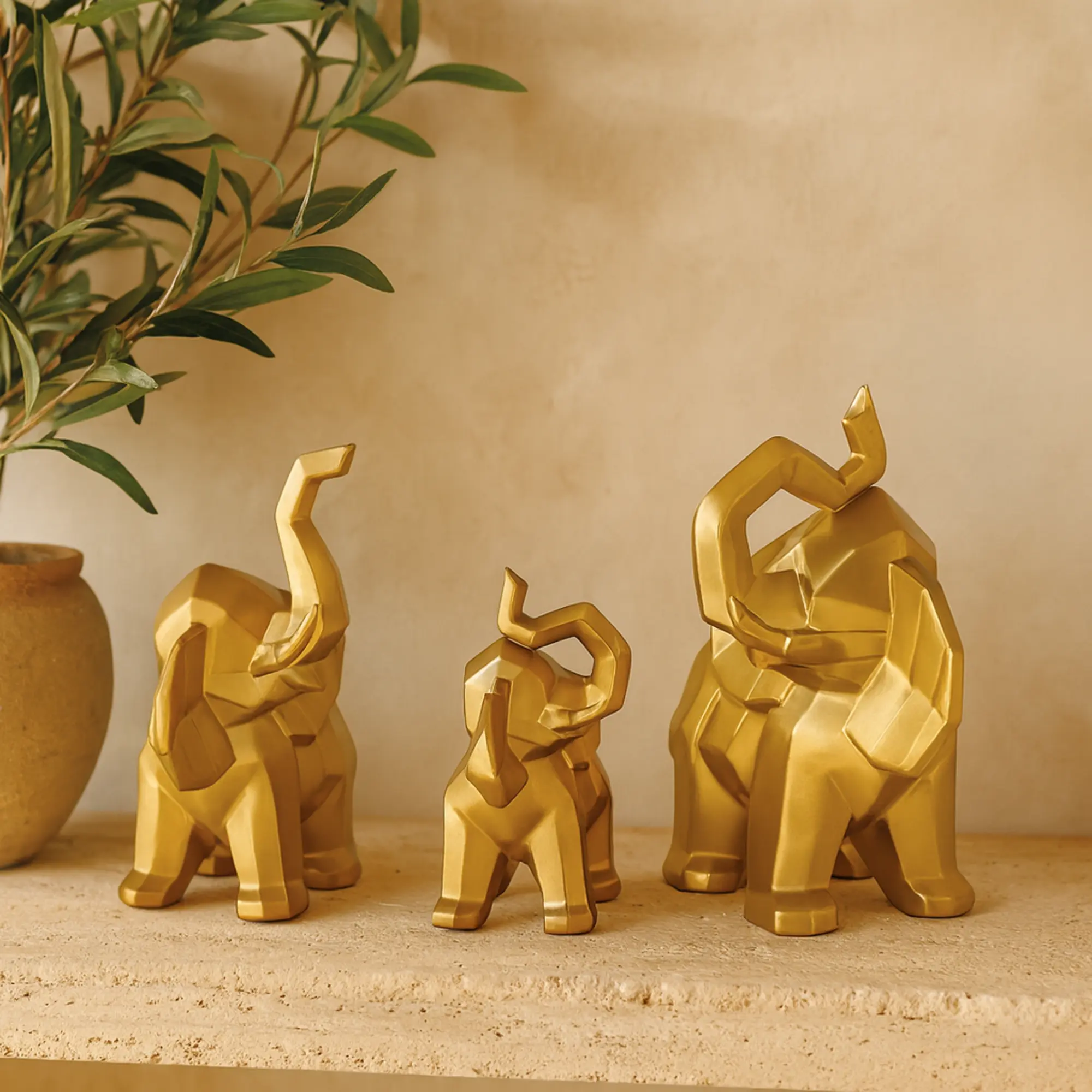Artistic Elephant Porcelain Ceramic Cubist Decorative Figures Set (3 Pieces, 12in, 11in, 8in H) - Smooth Table Accent, Ideal Home Decor Gift, Rubber