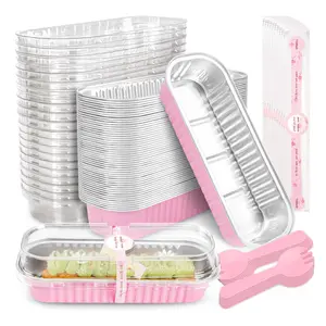 50 Pack Mini Cake Pans with Lids and Spoons Rectangular Aluminum Foil Baking Pans Mini Cheesecake Containers Tin