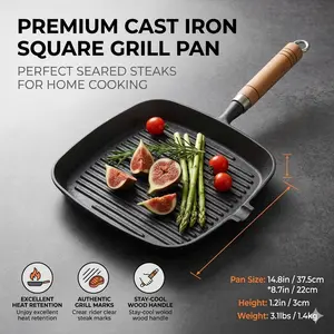 14.8" Digital Pre-Seasoned Cast Iron Square Grill Pan with Wooden Handle, Non-Stick Griddle & Pour Spout. Ideal for steak, bacon, BBQ, indoor & outdoor use. Compatible with all stovetops. Lightweight 3.1lbs design, also works with air fryer.