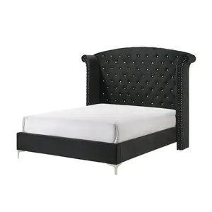 Tufted Bed Frame - 1pc King Size Glam Look Bed with Button-Tufting, Winged Back Headboard, Fabric Upholstery, Wood and Metal Frame, Black Indoor Bedroom Furniture