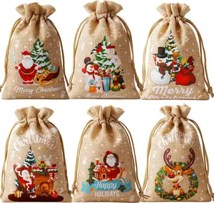 24Pcs Christmas Burlap Gift Bags with Drawstring, 4X6Inch Christmas Linen Treat Bags, Goody Gift Bag Small Jute Xmas Candy Bag Reusable Gift Wrapping Pouch Xmas Holiday Party Favors Linen Sacks Hopttreely