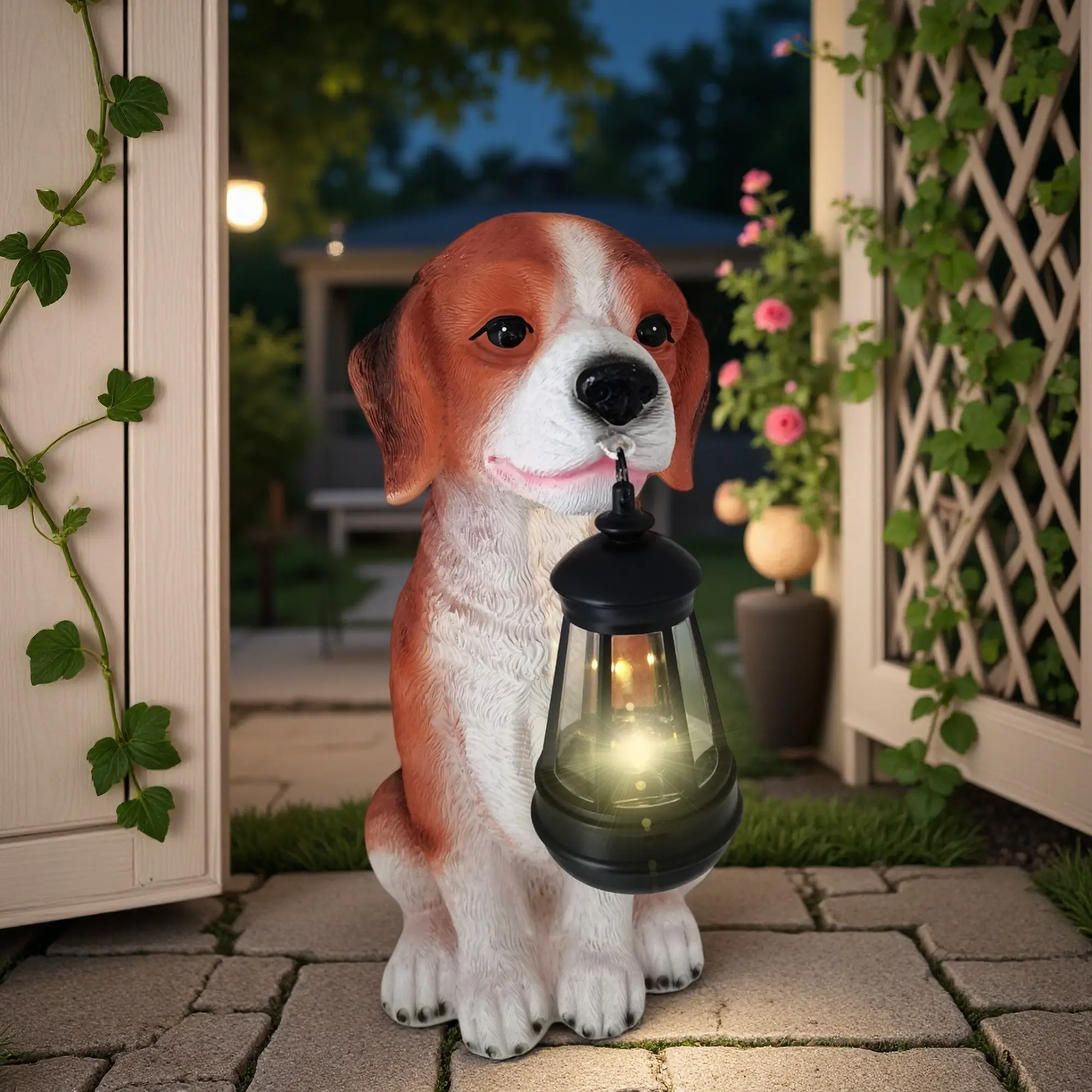 Resin Outdoor Decor Dog Statue Garden Puppy Beagle Figurine, Solar Animal Sculpture Light for Pet Lovers