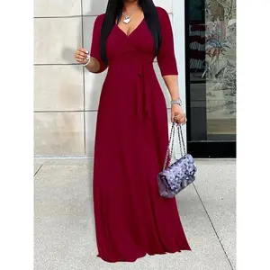 Elegant plus size V-neck long dress, lightweight polyester fabric, adjustable fit, flowing silhouette, summer party women's dressRAIMENTRY