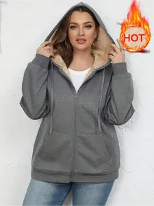 Women's Autumn Winter Warm Thick Lamb Velvet Hooded Jacket, Womenswear Casual Sporty Minimalist Aesthetic Style with Pockets, Long Sleeve Zipper Design, Perfect for Cold Weather