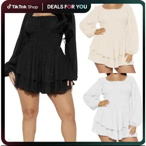 Plus-size women’s rompers/playsuits with Swiss dot, boat neck, off-shoulder long sleeves; short jumpsuits for spring and fall streetwear; ladies’ dresses for indoor and outdoor wear; ladies’ clothing for everyday wear.