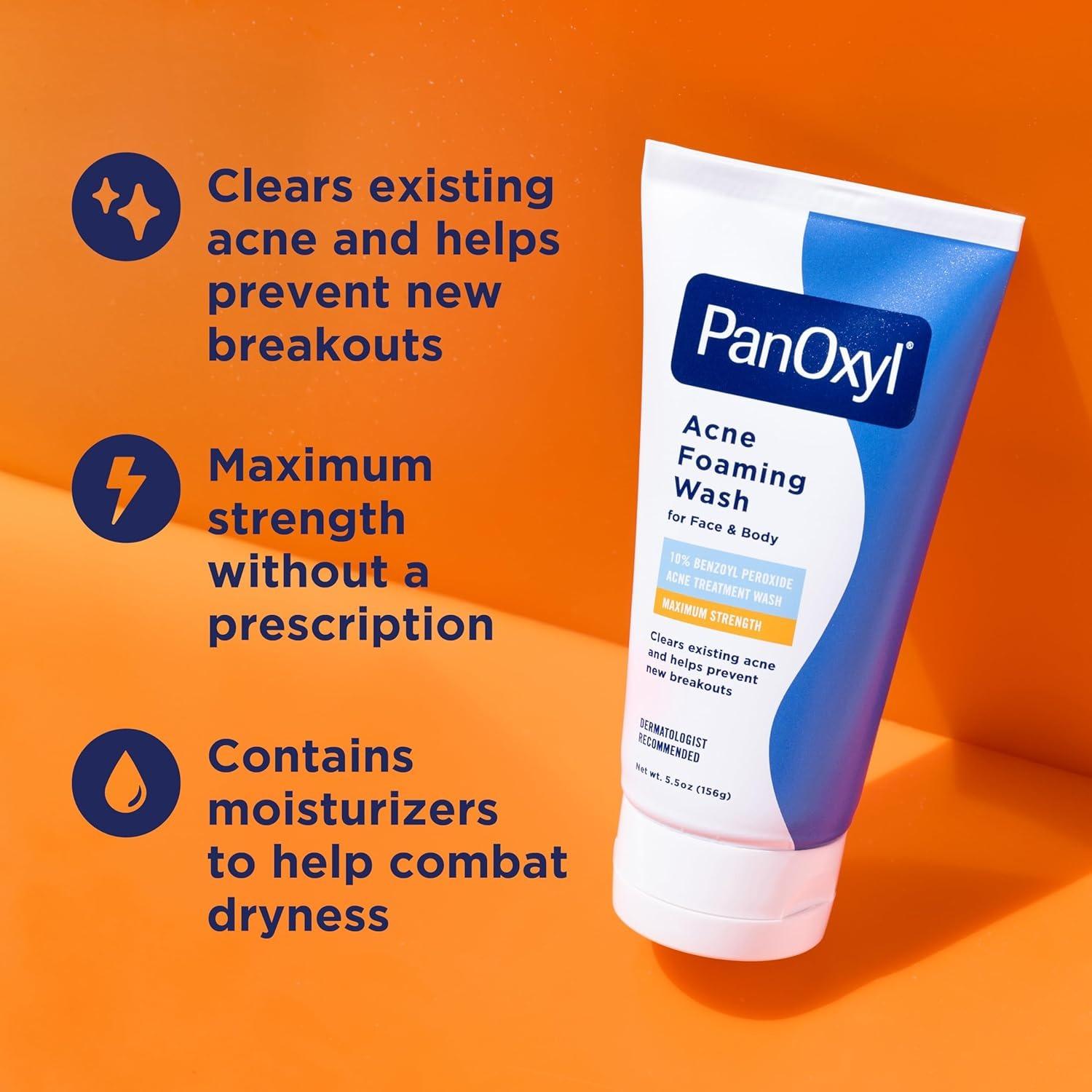PanOxyl 10% Benzoyl Peroxide Acne Foaming Wash, Maximum Strength, Daily Acne-Fighting Face and Body Cleanser, Face Wash to Clear, Treat and Prevent Acne Pimples and Stubborn Breakouts