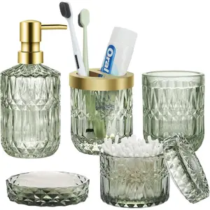 Bathroom Accessories Set, 5Pcs Green Glass Bathroom Accessories, Green Glass Bathroom Decor with Green Lotion Soap Dispenser, Soap Dish, Toothbrush Holder, Tumbler, Cotton Swab Jar