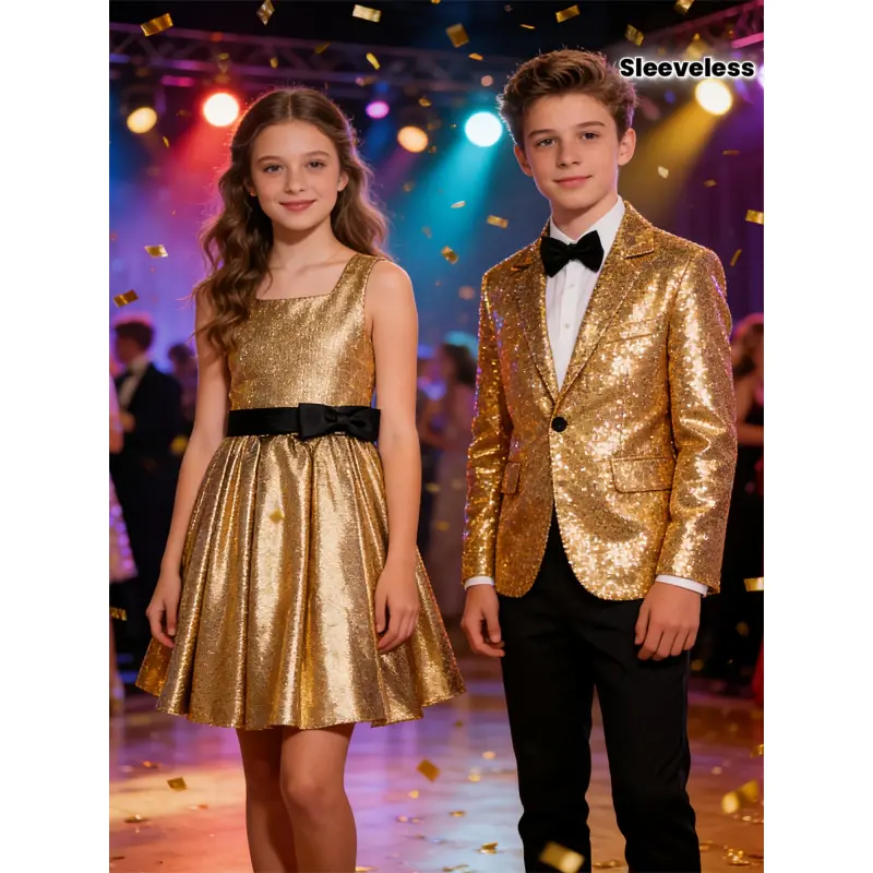 Kids' Formal Sibling Set - Solid Sequined Party Dress & Suit for Boys and Girls, Regular Fit All-Seasons 100% Polyester with Bow Accents, Polyester Clothes, Girl Suit, Dinner Dress & Suit Set