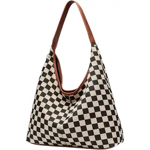 Slouchy Shoulder Bag Checkered Y2K Hobo Tote Bag for Women Vintage Checkerboard Large Capacity Crossbody Purse Casual Retro