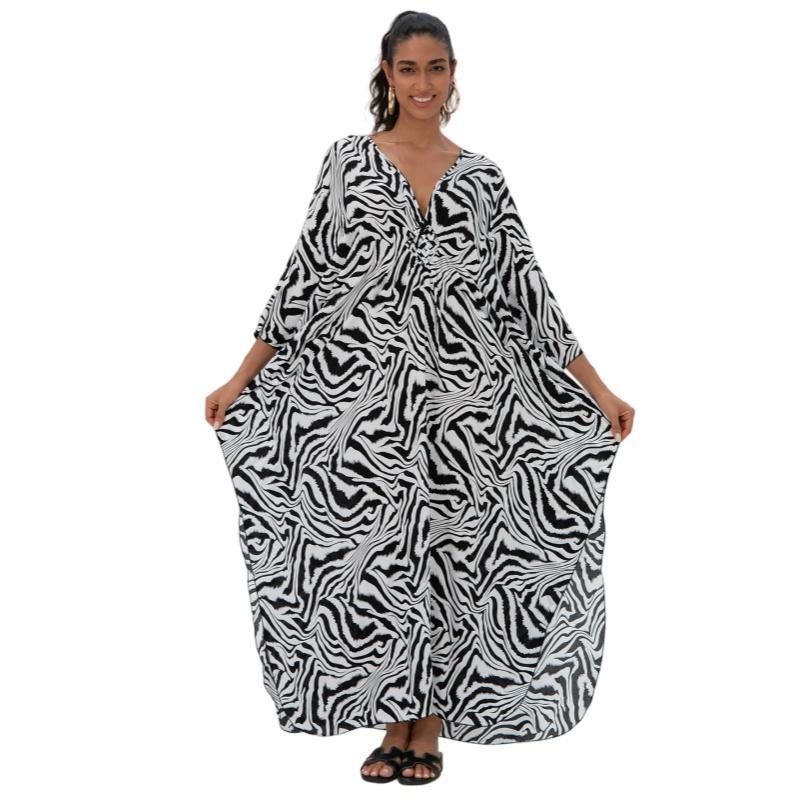 Women's Casual Loose-Fit Bohemian Ethnic Print Caftan Dress - Soft Breathable Comfortable Viscose Quick-Dry Fabric, Batwing Open Sleeves, Swimsuit Beach Cover-Up, Easy-Wash Lounge Wear, Elegant Style Evening Dress