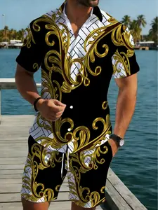Men's short-sleeved shirt and shorts set, Collared, featuring a black and gold floral pattern design, made of lightweight polyester material, comfortable and durable, suitable for vacations or short trips, for casual outdoor activities