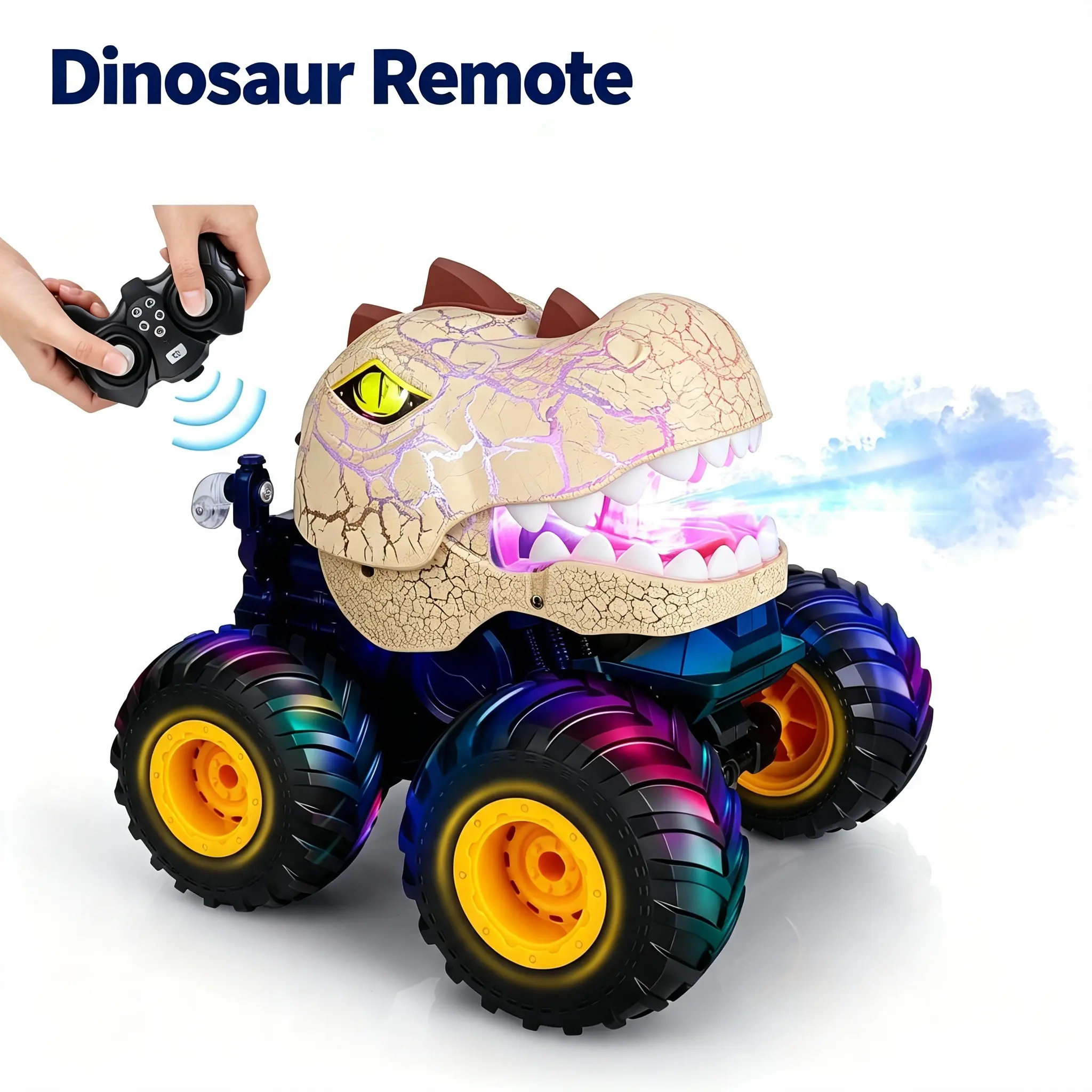2.4GHz Rechargeable Dinosaur Remote Control Stunt Car with Joystick, Mist Spray, Colorful Lights, Music Feature, 360° Spin Offroad RC Monster Truck, Gift for Kids 4-12 Year Olds