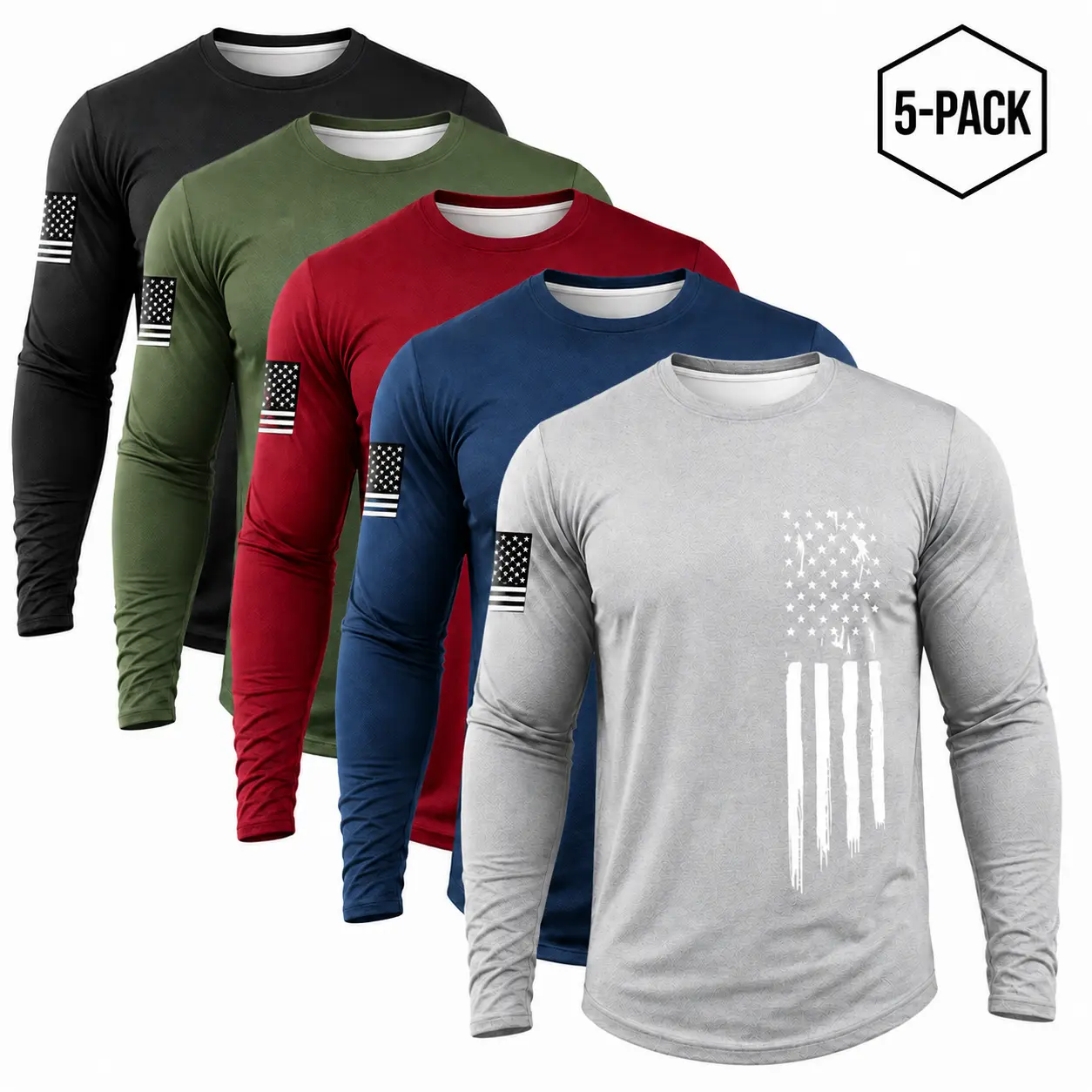 5-Pack Men's Quick Dry Long Sleeve Performance Shirts, Patriotic USA Flag Crew Neck Athletic Tops for Work, Fishing, Hiking & Workout