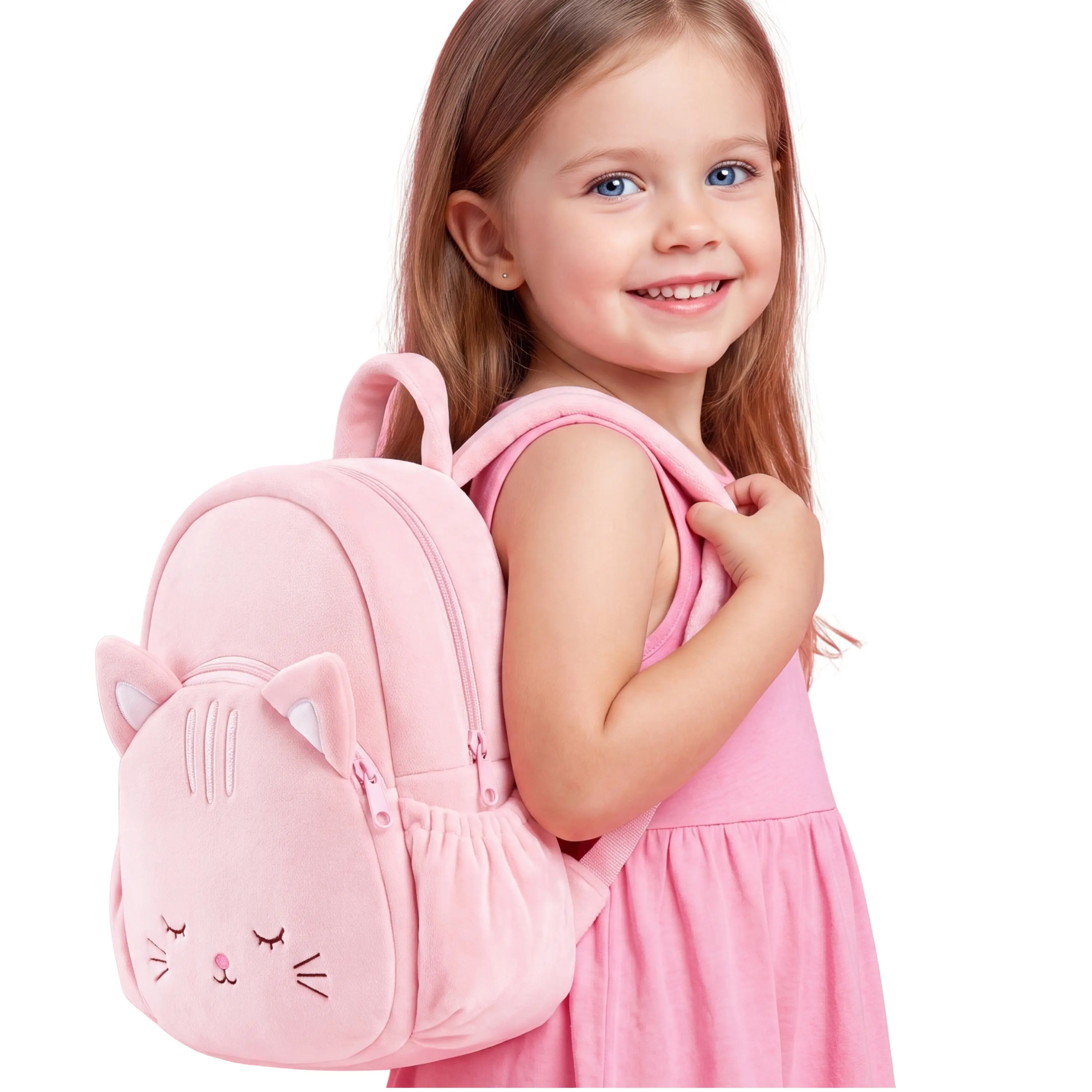 Kids' Toddler Polyester Backpack - 11in Chic Animal Design Organizer Bag with Embroidery Cute Cat & Unicorn, Double Zip Pockets, Water Bottle Holder, for First Day of School, Ages 2-8, Kids Style Minimalist Bag, Toddler Gear, Preschool, Adorable Animal Co
