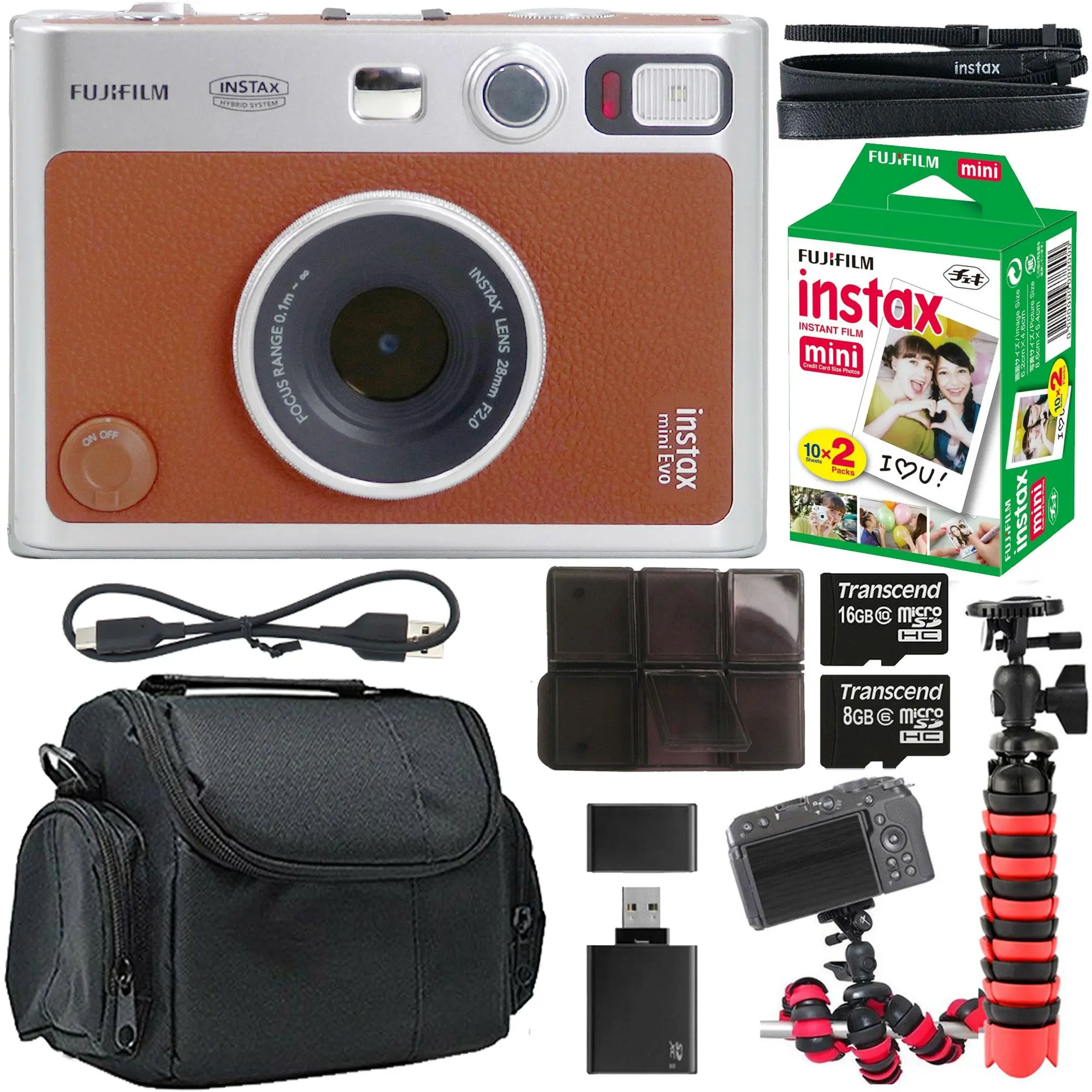 FUJIFILM INSTAX MINI EVO Hybrid Instant Camera Brown + Fujifilm 2x10 Film Mini Instax Film Pack + BePro BC-1 Case (Small) + 2x 16GB Transcend MicroSD Memory Card with Adapter + Vivitar Large Rubberized Spider Tripod + Card Reader + Card Holder