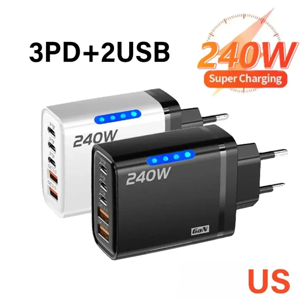 240W GaN 5 in 1 USB C Charger Fast Charging Phone Charger Power Adapter Type C US Plug Wall Charger Protection Electronic Portable