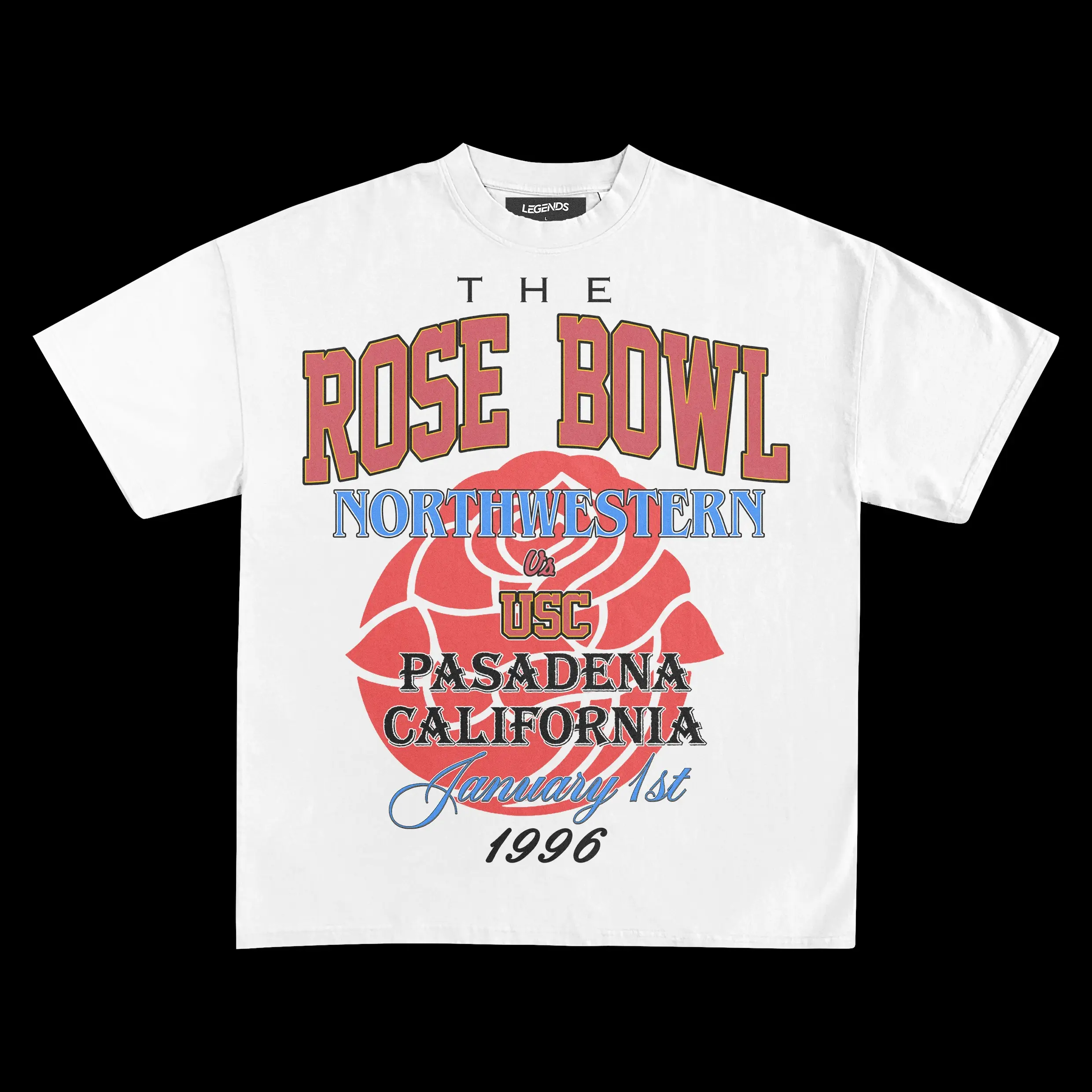 ROSE BOWL USC VS. NORTHWESTERN 1996 VINTAGE FOOTBALL GRAPHIC BOOTLEG TEES MENSWEAR TOPS