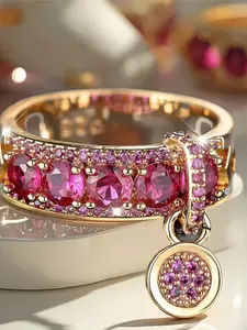 Luxury Female Rose Red Round Zirconia Stone Engagement Ring Yellow Gold Color Wedding Jewelry For Women Elegant Ring