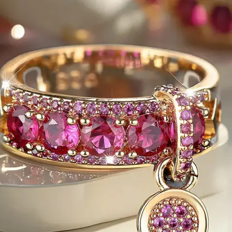 Luxury Female Rose Red Round Zirconia Stone Engagement Ring Yellow Gold Color Wedding Jewelry Bridal Rings For Women Beautiful Rings Elegant Artificial Gemstone Ring Artificial Zircon Rings