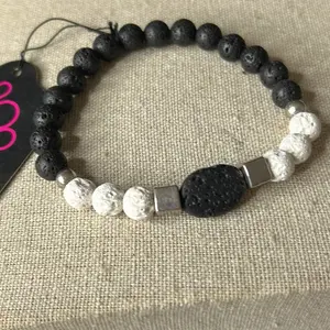 Lava Stone & White Ceramic Beaded Bracelet with Silver Accents for Men and Women