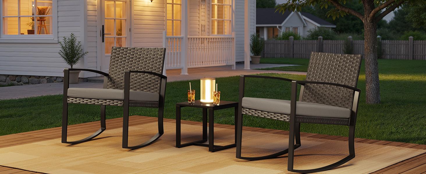 Gizoon 3 Pieces Patio Furniture Set Rocking Bistro Set Outdoor Rattan Conversation with Coffee Table for Garden Balcony Backyard Poolside (Grey Cushion) Ergonomic