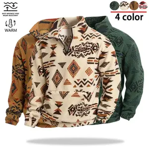 Men's Ethnic Style Half Zip Up Sports Jacket, Casual Comfort Long Sleeve Stand Collar Pullover, Fleece Lined Warm Coat for Autumn Winter