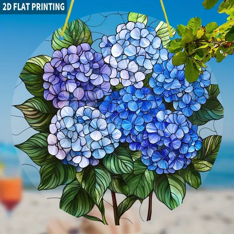 8x8 in Hangable Vintage Stained Glass-Style Iron Frame Hydrangea Suncatcher - Round Acrylic Window Cling, Blue Flower Home Decor Light Accent, Indoors Wardrobe/Balcony/Toilet Decor, Glam Gift for Gardeners with Light Effects, Kitchen