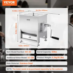VEVOR Manual Meat Mixer, 30L Fixed Tank Meat Processing Equipment(Mixing Max 60LBS for Meat), Stainless Steel Meat Mixer, Sausage Mixer Machine with Lid Handle Gear Reducer, Ground Beef Hand Mixer