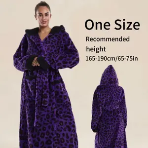 Elegant Leopard Print Flannel Bathrobe, Fleece Lined Hat with Belt + Pocket, Unisex, One Size Fits All
