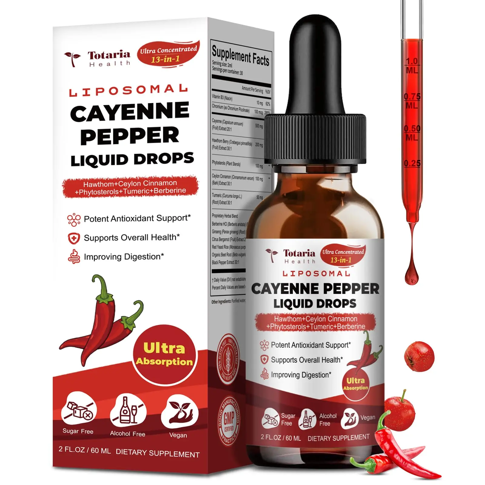 Totaria Cayenne Pepper Drops | 13-in-1 Liposomal Formula with Vitamin B3, Hawthorn Berry, Panax Ginseng, Berberine, Beet Root & Turmeric,travel essentials