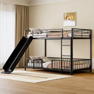 Twin Over Twin Bunk Bed Frame with Safety Guardrail and Ladder, Metal Bunk Bed Frame with Slide and Door, No Box Spring Needed, Easy Assembly, Black