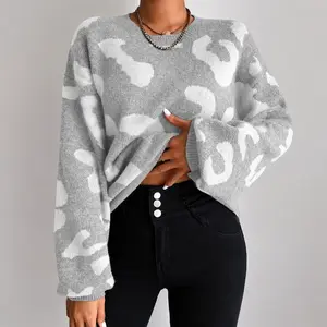 Women's Oversized Grey Cloud Print Sweater Crewneck Long Sleeve Knit Pullover Y2K Aesthetic Casual Slouchy Jumper Tops Fall Winter Warm Cozy Outerwear Abstract Camo Sweaters for Ladies Teen Girls Soft Chunky Knitwear Streetwear Fashion Apparel