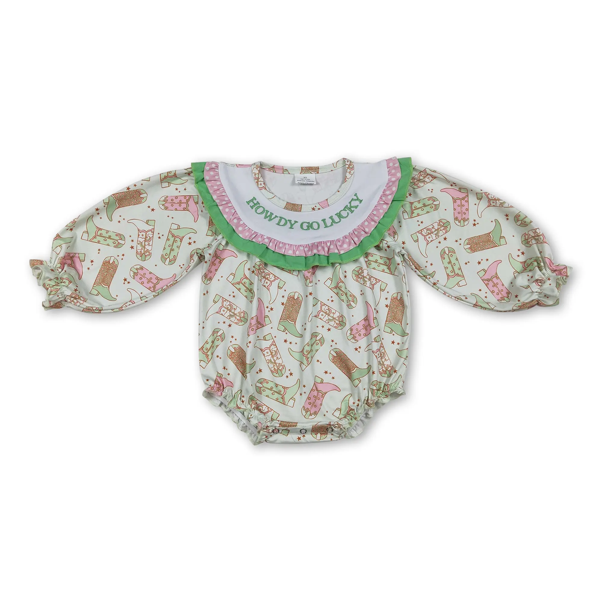 C Baby Girl Western Clothes Green Howdy Go Lucky Shoes Winter Bubble Onesie LR2840, Toddler Romper Girls