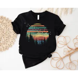 Vintage Forest Sunset Printed Tee Nature Landscape Design Comfortable Daily Wear Perfect Gift For Nature Lovers
