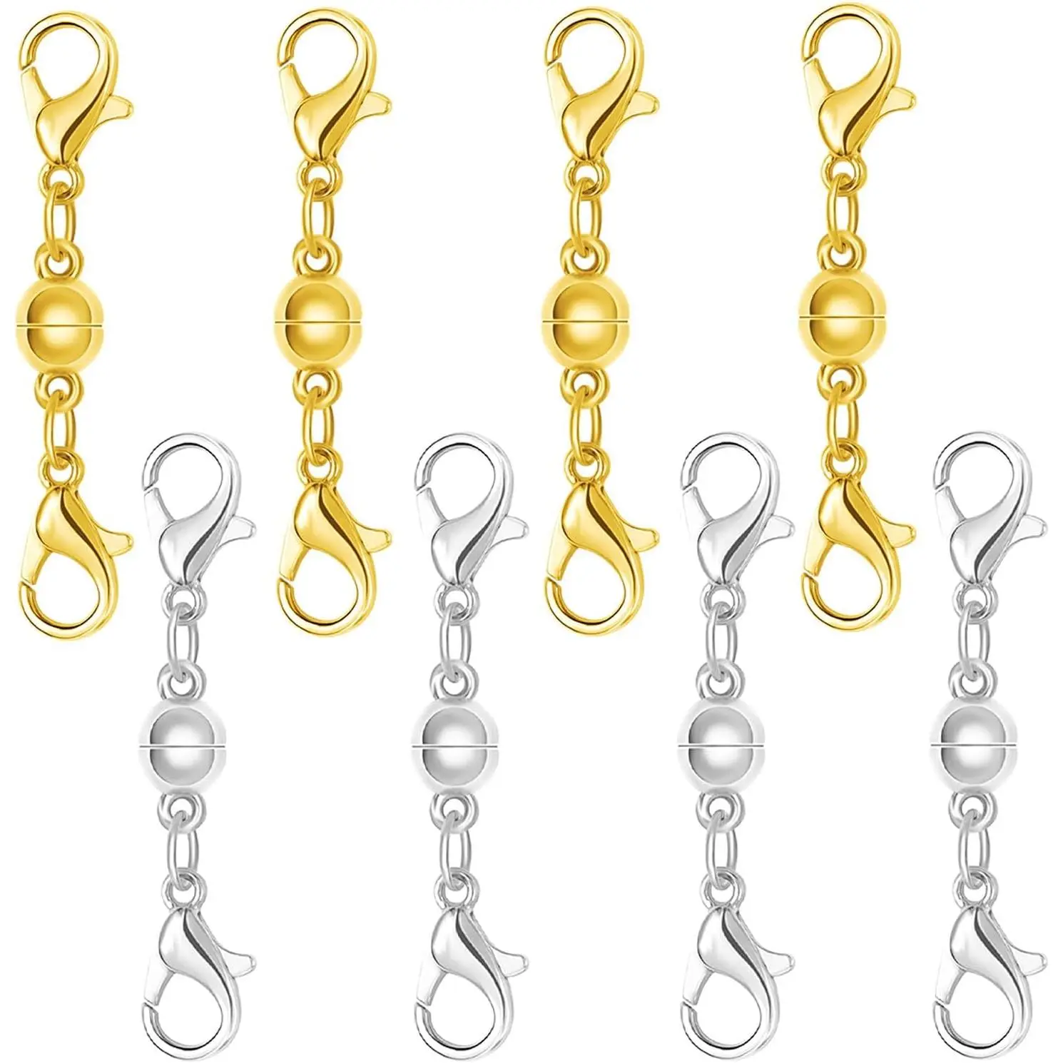 Sterling Silver Magnetic Clasp, Double Lobster Closure, Magnetic Necklace Clasps and Closures,925 Sterling Silver Double Lobster Clasp Magnetic Jewelry Clasps for Necklaces (4gold+4silver)