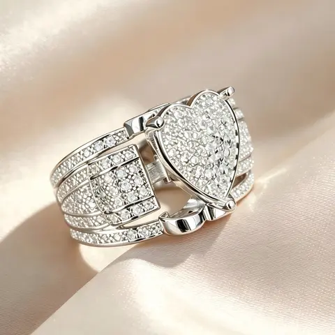 Women's Heart-Shaped Paved Geometric Stacked Ring - Lock-Inspired Multi-Band Layered Cocktail Ring, Romantic GF Gift & Anniversary Gift for Her, Heart Shaped Ring