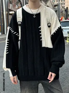 Men's Colorblock Patchwork Drop Shoulder Loose Sweater, Casual Long Sleeve Round Neck Jumper for Fall & Winter, Fashion Men's Knitwear Tops for Daily Wear