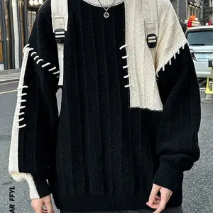 Men's Colorblock Patchwork Drop Shoulder Sweater, Casual Long Sleeve Round Neck Jumper for Fall & Winter, Fashion Men's Knitwear for Daily Wear