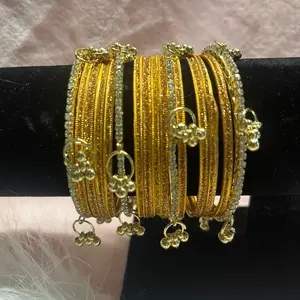 Vibrant Style Set: 12 Metal Bangles & 4 Kashmiri Gold-Tone with stone Accent Pieces