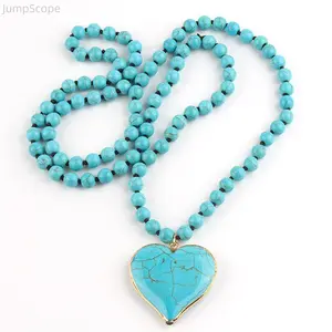 Bohemian Turquoise Heart Pendant Long Necklace, Vintage Ethnic Hand-Knotted Beaded Necklace, Retro Boho Statement Jewelry for Women