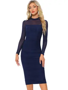 INSPIRE CHIC Women's Mock Neck Long Sleeve Ruch Elegant Cocktail Bodycon Mesh Dress Navy Blue