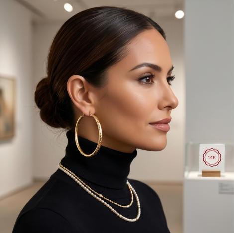 14K Gold Plated Large Hoop Earrings for Women, Sparkling Diamond-Cut Textured Wave Hoops, Hypoallergenic for Sensitive Ears, Lightweight Waterproof & Tarnish Resistant, Secure Click-Top Closure, Perfect for Office Party Date Daily Wear, Ideal Jewelry Gift