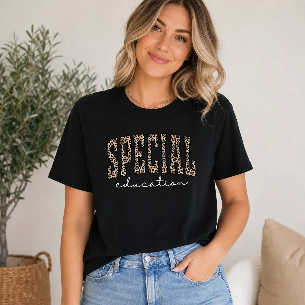 Special Education Teacher Shirt, “SPECIAL education” Leopard Print Varsity T-Shirt for Sped Teacher, Paraeducator, Classroom Staff, Back to School Teacher Gift Tee