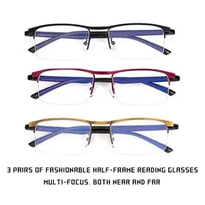 3-pack lightweight, stylish reading glasses with progressive multi‑focus and blue light blocking, rectangular metal semi‑frame design, TR temples, comfortable fit that doesn’t pinch the face, unisex.
