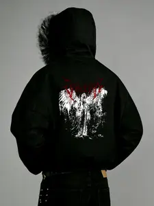 Dark Gothic Cross Print Hooded Cardigan, Fall & Winter Streetwear, Loose-Fitting Geometric Pattern, Perfect for Dates and Shopping